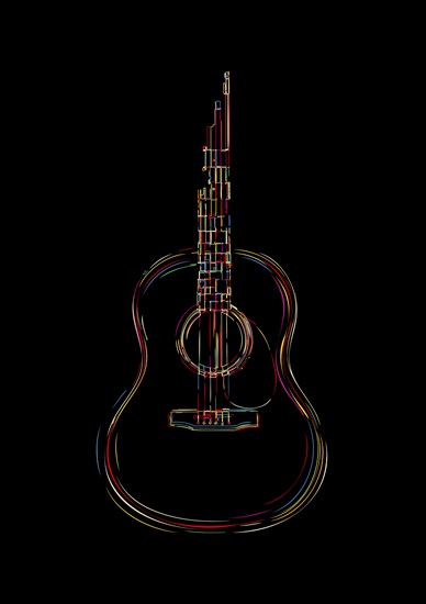 Classic guitar in colors, vector abstract template over black background