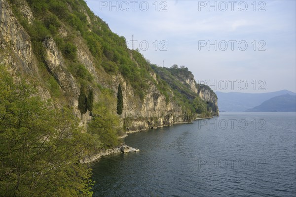 Beautiful cycle path along the eastern shore of Lake Iseo, Province of Brescia, Italy, Europe
