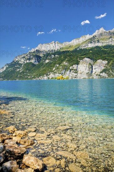 View from the shore of Lake Walen of the small chive island in the middle of the turquoise water at