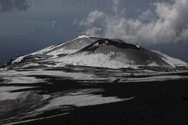 Etna, volcanic landscape at the secondary crater of Etna, Etna with snow, Sicily, Italy, Europe