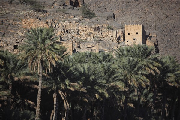 Abandoned houses of the historic settlement of Ghul at Jebel Shams, Oman, Asia