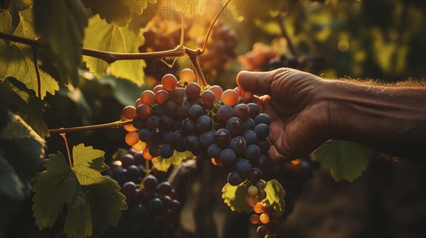 Hands of a weathered vintner inspects his wine grape harvest in the vineyard. generative AI