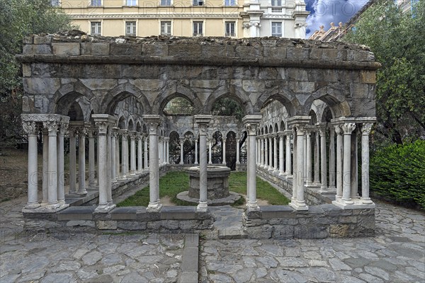Restored cloister of Sant'Andrea 12th century, Via di Porta Soprana 12, Genoa, Italy, Europe