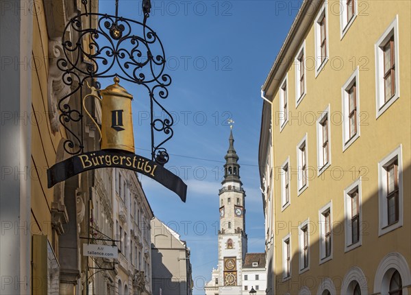 Old Town Hall Clock Tower seen from Neißstraße, Neissstrasse, Görlitz, Goerlitz, Germany, Europe