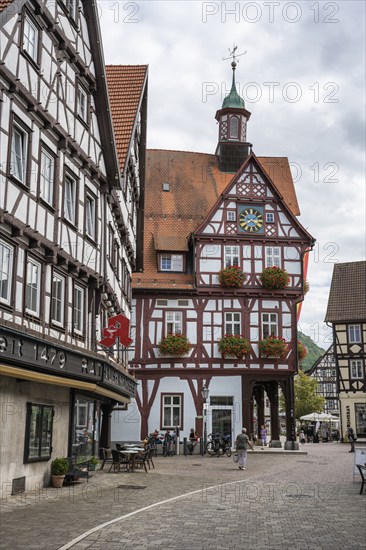 Town hall and half-timbered houses on the market square of Bad Urach, Reutlingen district,