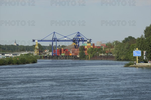 Main-Danube waterway and mouth of the Main into the Rhine at Gustavsburg with industrial port and