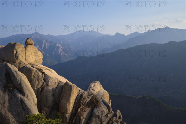 View of stones and rock formations from Ulsanbawi rock peak on sunset. Seoraksan National Park,