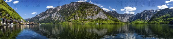 Austrian tourist destination, panorama of Hallstatt village and Hallstatter See mountain lake in