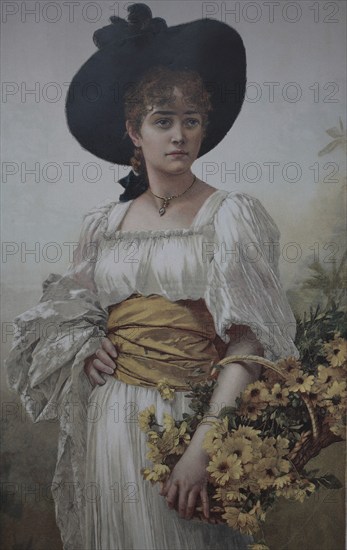 Young woman in Sunday dress, with hat and a basket of flowers. Colour print as art supplement Zur
