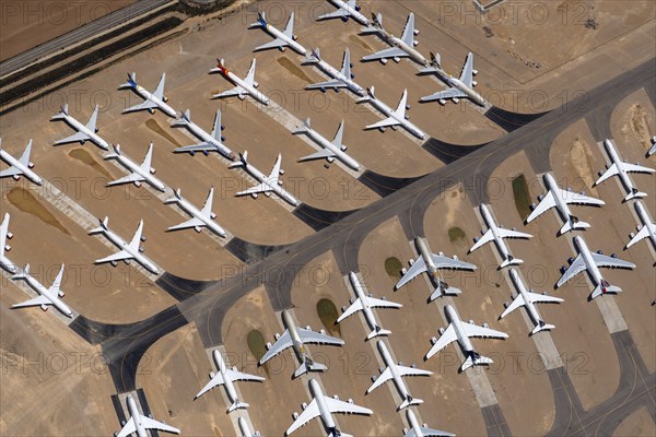 Aerial view of parked commercial aircraft at Teruel Airport in Aragon, parking, storage, scrapping,