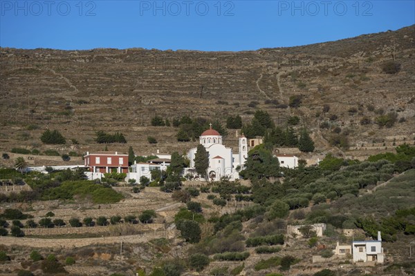 Greek Orthodox Church of Agia Paraskevi in the mountains near Ermoupoli, Syros, Cyclades, Greece,