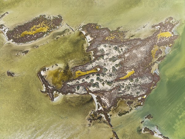 Islands and conspicuous patterns at the shallow lagoon Salinas de Cerrillos, aerial view, drone