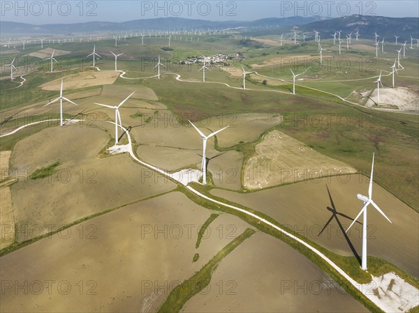 Windmills on a wind farm near Zahara de los Atunes, aerial view, drone shot, Cádiz province,