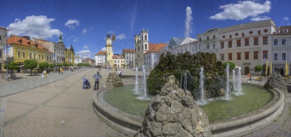 Fountain on the main square behind the clock tower, Banská Bystrica, Banskobystrický kraj,