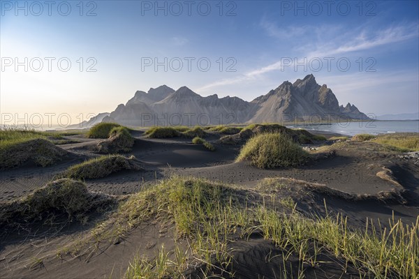 Black beach with volcanic sand, sandy beach, dunes with grass, Stokksnes headland, Klifatindur