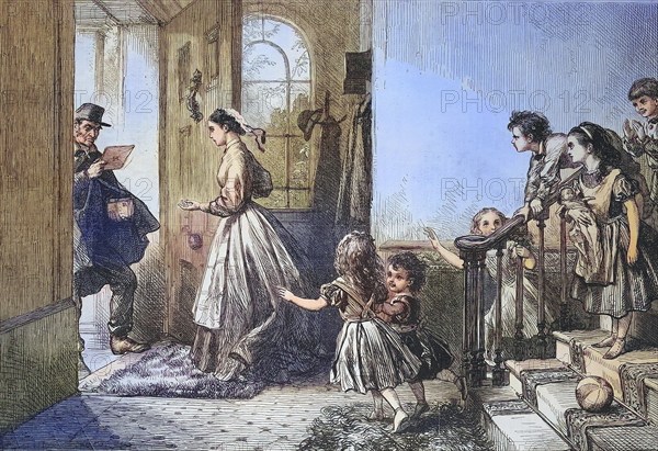 The arrival of the postman at the chateau, the family impatiently awaits a letter, 1869, France,