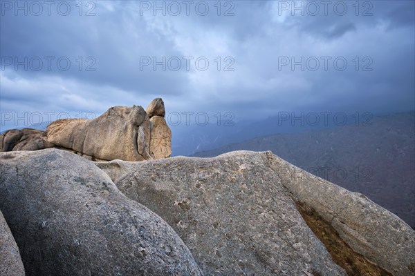 View of stone and rock formations from Ulsanbawi rock peak in stormy weather. Seoraksan National