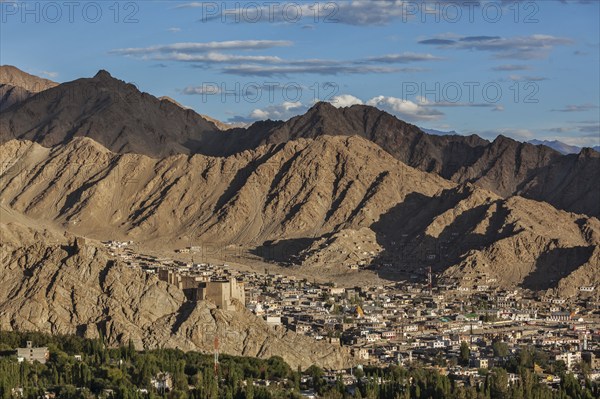 View of Leh from above from Shanti Stupa on sunset. Ladakh, Jammu and Kashmir, India, Asia