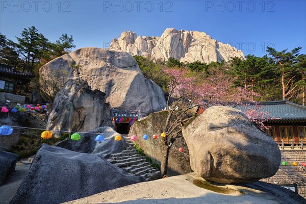 SEORAKSAN, SOUTH KOREA, APRIL 15, 2017: Kyejoam Seokgul Hermitage shrine and Ulsanbawi rock in