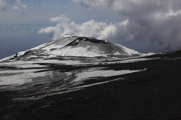 Volcanic landscape at the secondary crater of Etna, Etna, Etna with snow, Sicily, Italy, Europe