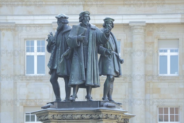 Monument to Johannes Gutenberg 1400-1468, three, figures, book, Roßmarkt, city centre, Main,