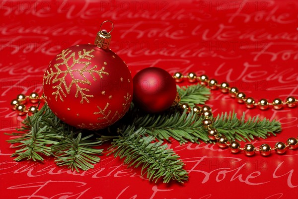 Christmas baubles and fir branch, Christmas decoration, Christmas tree decorations, fir greenery