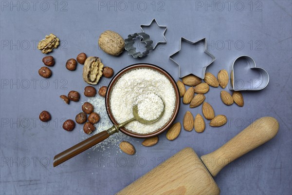 Grated coconut in a bowl and spoon, various nuts and cookie cutters