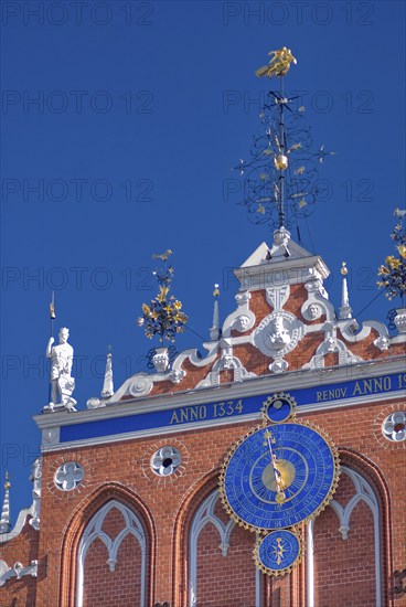 The Blackheads' House with the roof figures and the astronomical clock with moon phases, the signs
