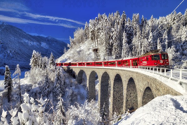Rhaetian railway on viaduct in winter landscape, near Filisur, Canton Graubünden, Switzerland,