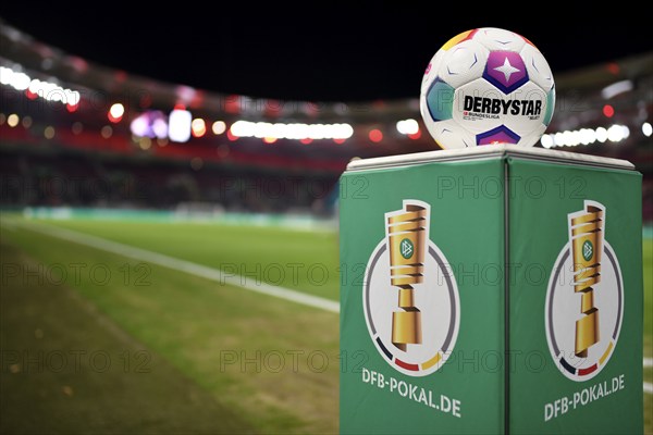 Adidas Derbystar match ball on podium, logo, DFB Cup, MHPArena, MHP Arena Stuttgart,