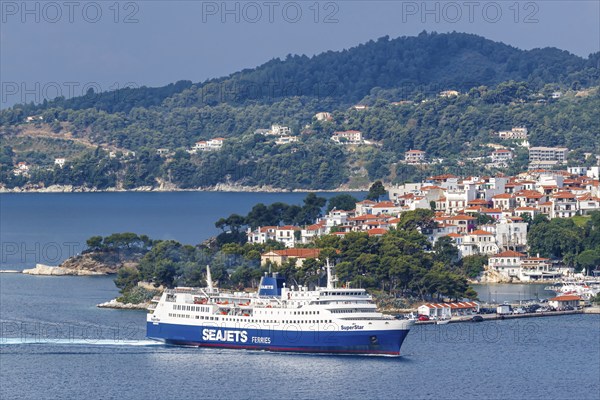 Seajets ferry in the sea off the Mediterranean island of Skiathos, Greece, Europe