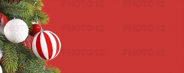 Christmas banner with striped red and white bauble on tree branch