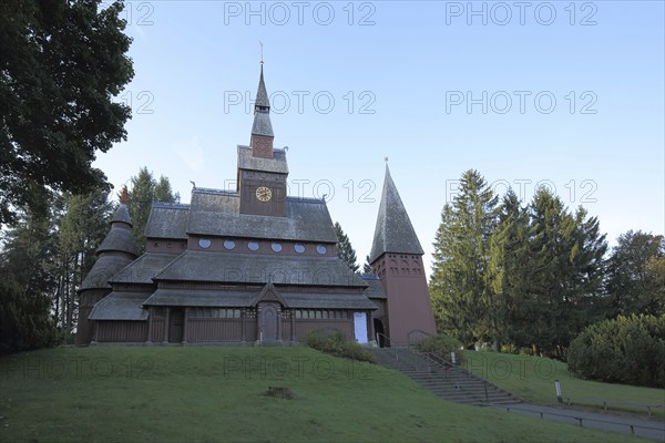 Gustav-Adolf-Stabkirche built 1908 in Hahnenklee, wooden church, Harz Mountains, Lower Saxony,