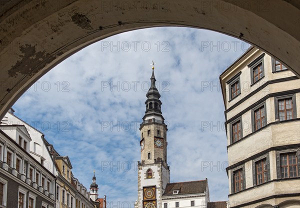 Old Town Hall Clock Tower and Lower Market Square, Untermarkt, Görlitz, Goerlitz, Germany, Europe