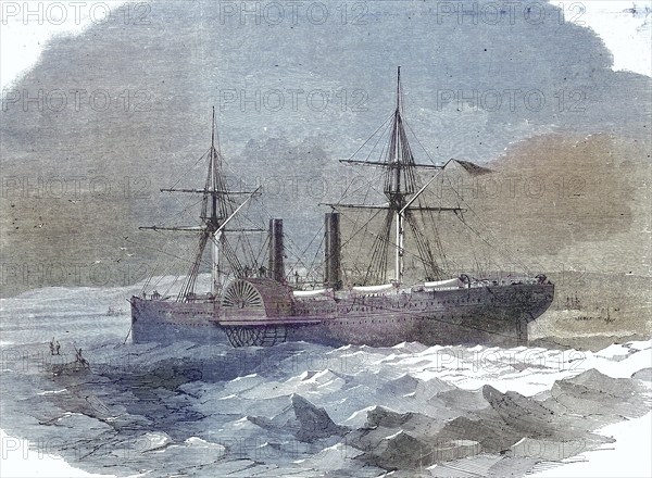 Steamboat trapped in ice on the coast of Denmark, 1869, Historic, digitally restored reproduction