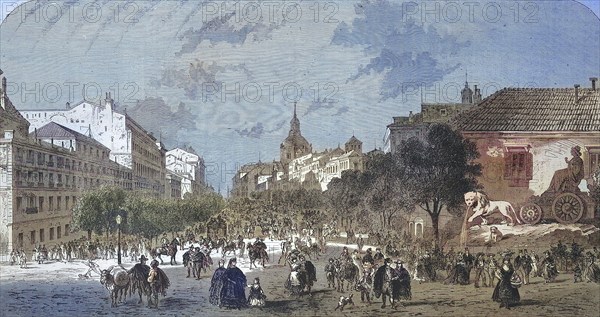Rue dAlcala, Calle de Alcala, in Madrid in 1869, Spain, Historic, digitally restored reproduction