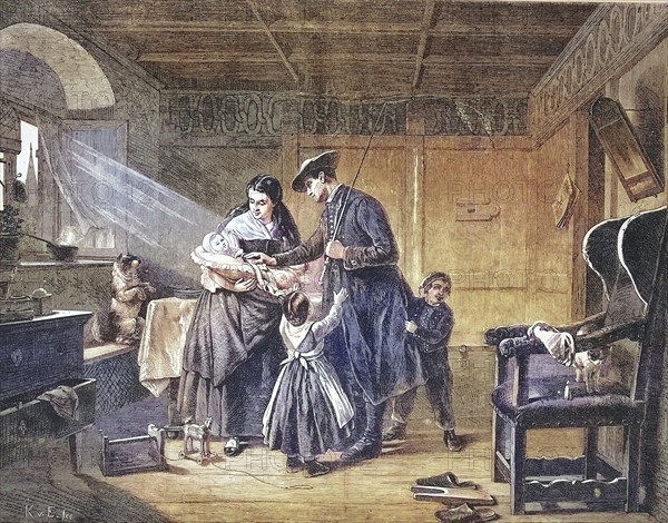 The Return Home, the father returns from a long journey and is greeted by the family, 1869, France,