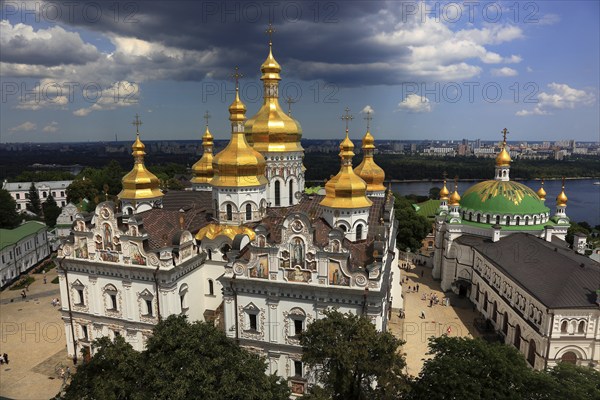 Ukraine, Kiev, View from the bell tower to the Uspensky Cathedral and the monastery complex of the