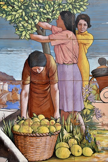 Wall tiles with an image of the lemon harvest, Amalfi, Amalfi Coast, Costiera Amalfitana, Province