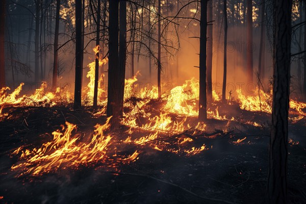 A forest wildfire is raging through a wooded area. Trees are on fire and flames are spreading
