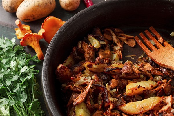Fried chanterelles with mushrooms, in a clay pan, close-up, top view, selective focus