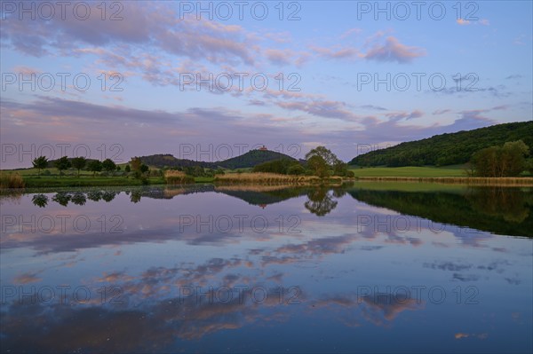 Lake with reflection in spring with castle at sunset, Veste Wachsenburg, Amt Wachsenburg, Drei