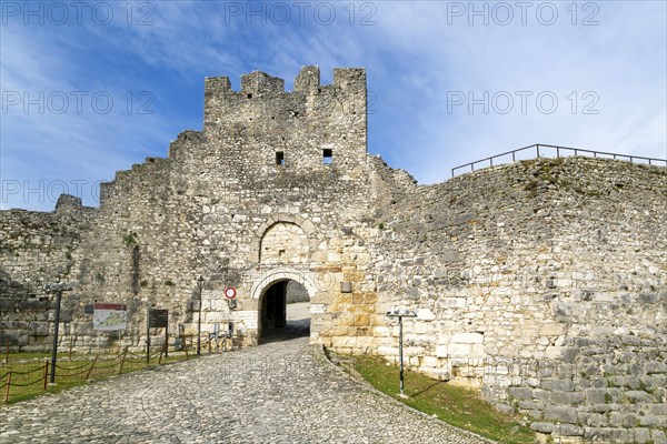 Defensive walls ramparts at entrance to Berat Castle UNESCO World Heritage Site, Berat, Albania,