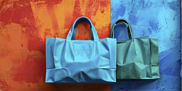 Assorted vibrant shopping bags lined up in front of a colored background, AI generated