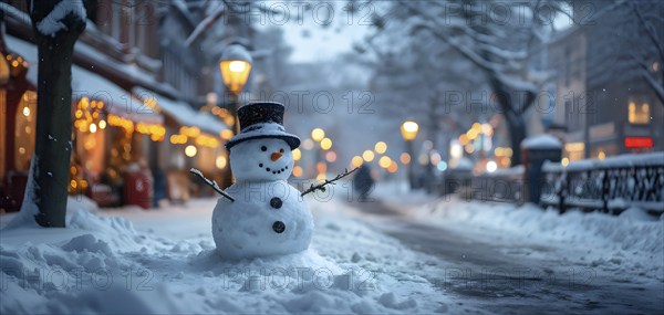 Snowman in an idylic winter urban scenery, snow-covered streets and buildings in background,
