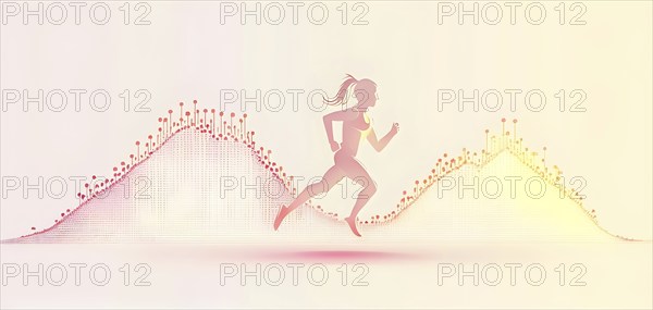 Illustration of a wave of data points shaping into a female runner silhouette, red pastel hues,