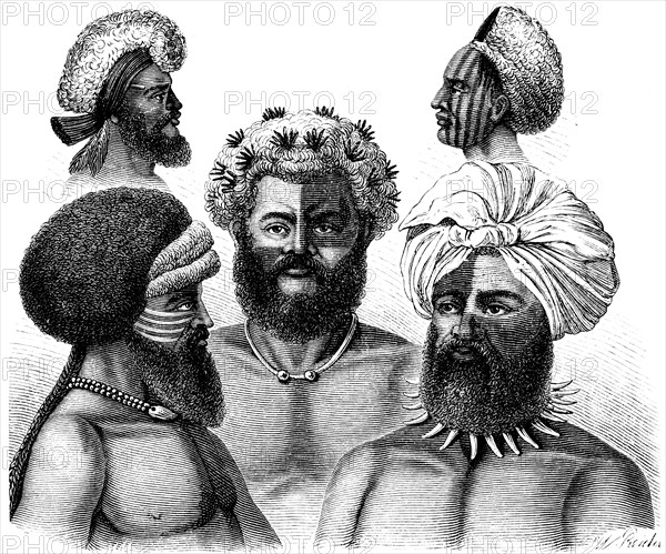 Portrait of some men of the Biti Indians with headdress, face painting, necklace, South Africa,