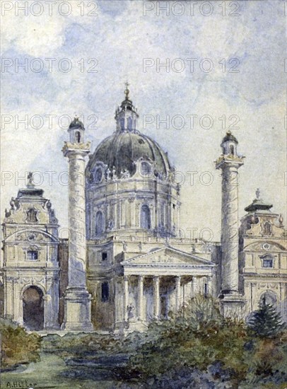 The Karlskirche in Vienna in Austria, Painting by Adolf Hitler (1889-1945), Historical, digitally