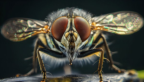 Macro of a housefly (Musca domestica) with detailed wings, large red compound eyes, and the fine