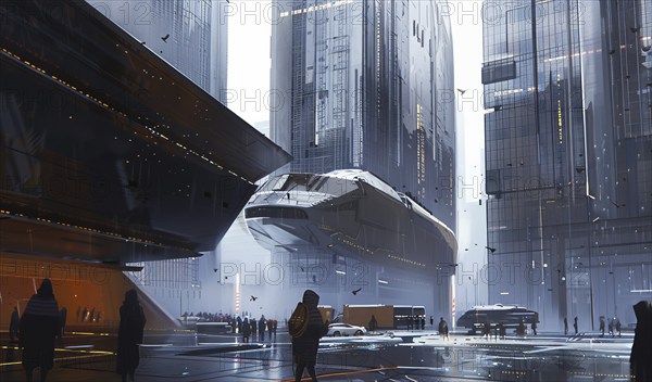 Concept of a future city with future architecture and transport ships, AI generated